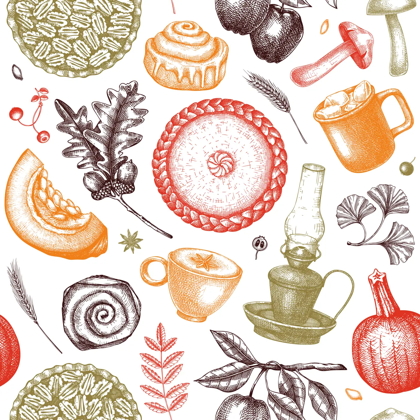 Autumn seamless pattern. Hand-drawn vector illustration. Pumpkin, hot drink, fruit, pie, pastry, fall leaves sketches. Thanksgiving background in color Illustration